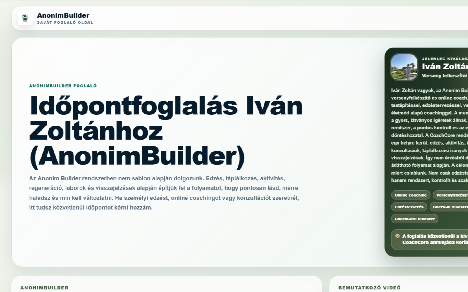 CoachCore online időpontfoglaló oldal edzőknek