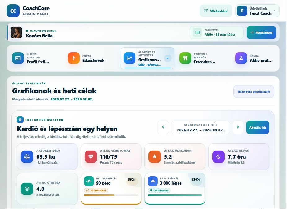 CoachCore klienslista és klienskezelő felület